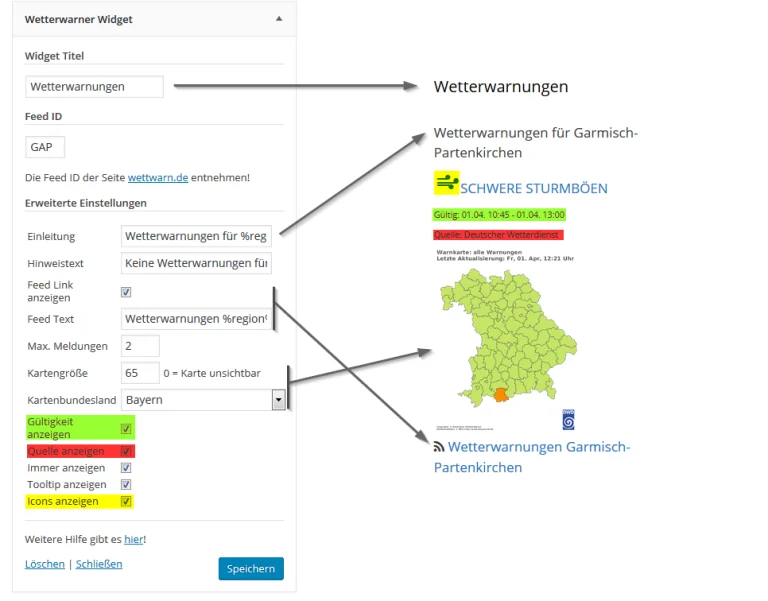 Die Konfigurationsmaske des Wetterwarner-Widgets mit allen Parametern