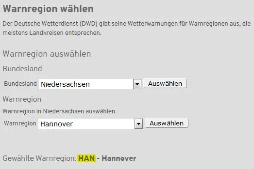 Auswahl der Warnregion auf wettwarn.de mit der davor stehenden Feed-ID