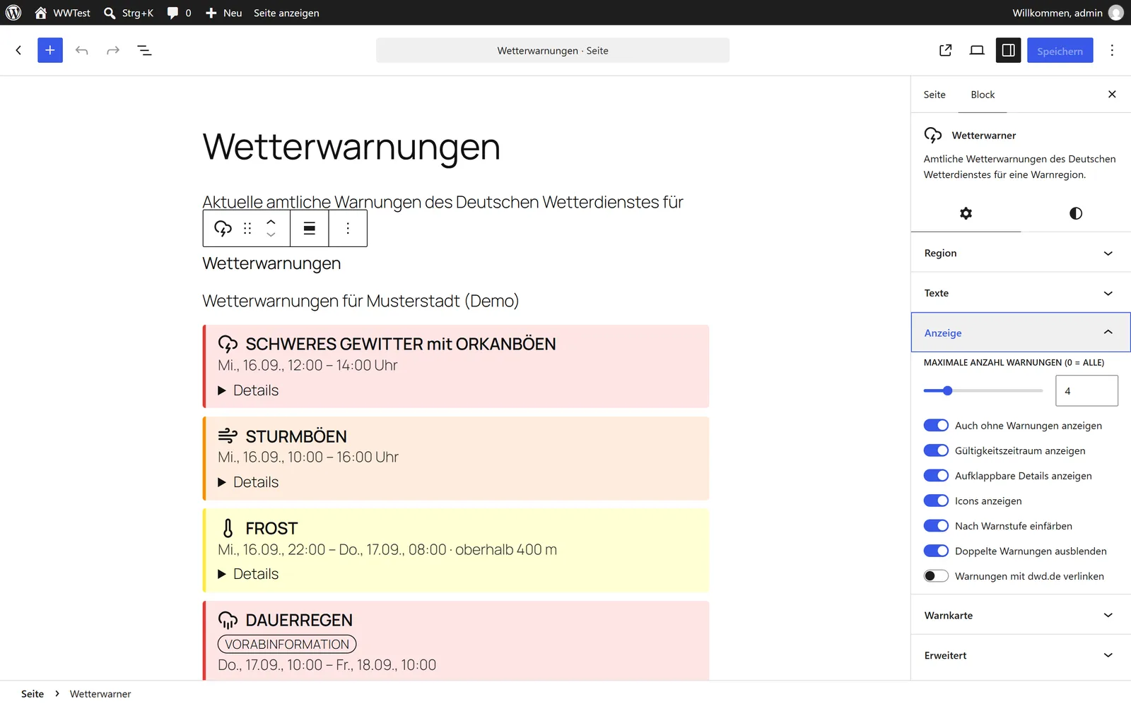 Block-Seitenleiste mit den Anzeige-Optionen