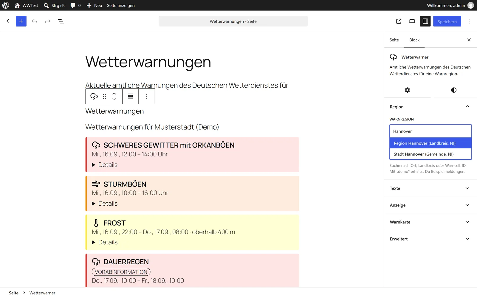 Block-Editor mit dem Wetterwarner-Block und der Regionssuche in der Seitenleiste